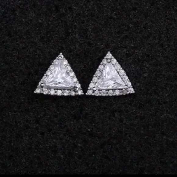 Silver Triangle Diamond Halo Stud Earrings - Picture 2 of 5